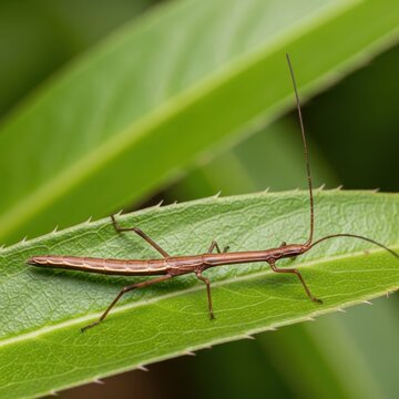 Brown Stick Insect Resting on Green Leaf in Nature.