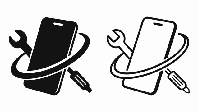 Smartphone repair with wrench and screwdriver, signifying mobile device service and technical