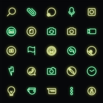Social media and user interface neon icons set with glowing green and yellow line art on black background
