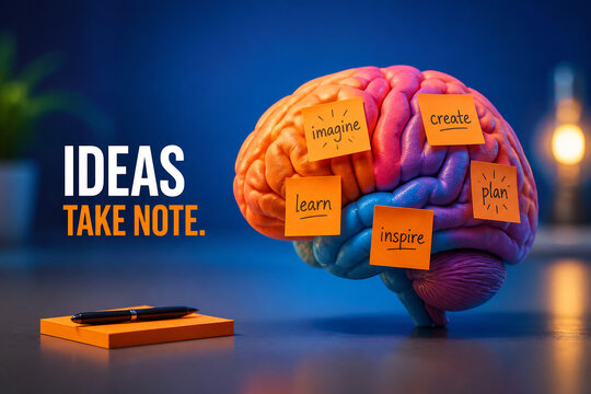 A colorful, stylized brain with sticky notes floating above it on a dark desk.