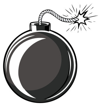 Cartoon bomb illustration with lit fuse, black and white explosive device.