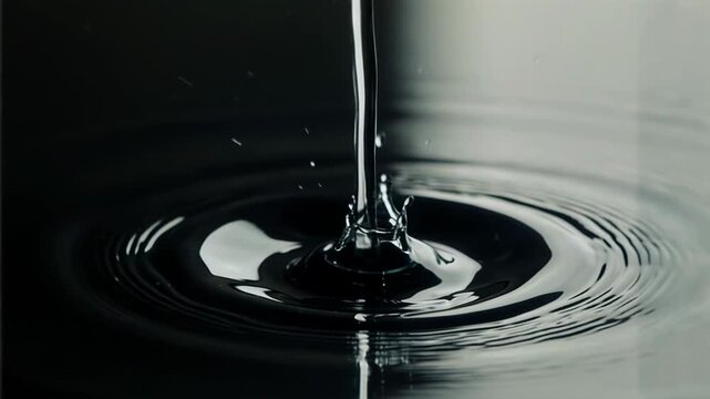 Water droplet falling into a dark pool creates ripples, showcasing the continuous motion and interaction of liquid elements in a serene environment