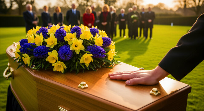 Hand resting on wooden coffin with spring flowers at outdoor funeral. Mourners stand in background under warm sunlight. Grief and memorial concept for bereavement support and funeral services.