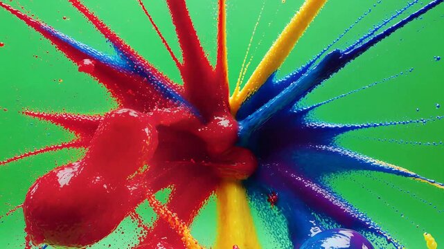 Vibrant exploding paint splash in ultra slow motion, red, blue, and yellow colors colliding dynamically against green background, cinematic fluid art explosion, symbolizing creativity, energy