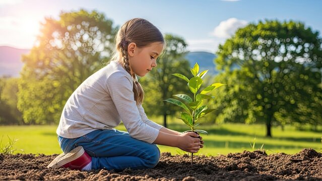 Young girl planting a small tree sapling in dirt.