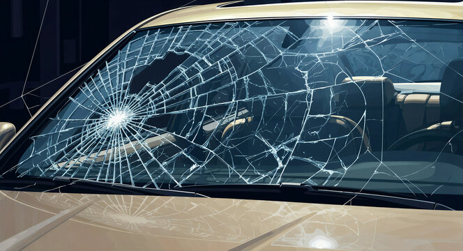 Shattered car windshield with extensive glass damage and impact point. Close-up illustration of broken front window on a vehicle. Vandalism and insurance claim concept for automotive repair marketing.