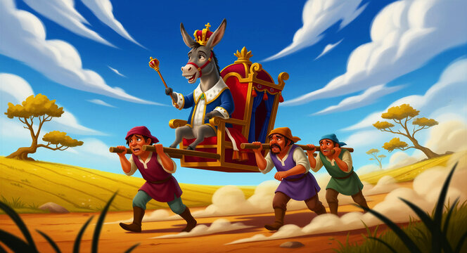 Donkey king in royal attire sitting on a palanquin carried by servants. Men transport the regal animal along a dusty path. Satirical concept of leadership, ideal for business metaphors.