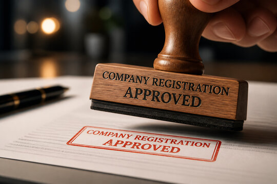 A wooden gavel rests on a document stating company registration approved in an office setting.