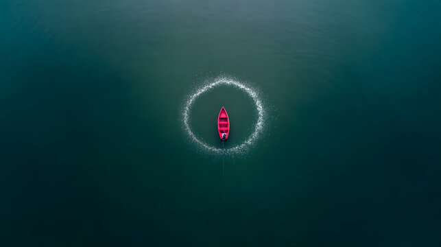 Aerial view of single red wooden fishing boat centered in circular ripple pattern on calm deep blue sea water.