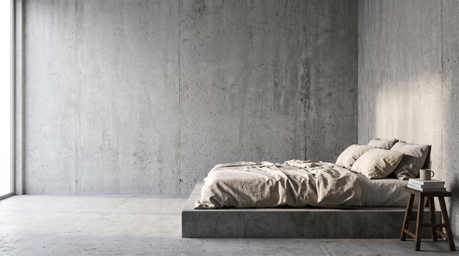 Minimalist concrete bedroom with platform bed and large empty wall for text