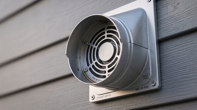 Close-up of a round stainless steel exhaust vent hood installed on a siding wall of a house