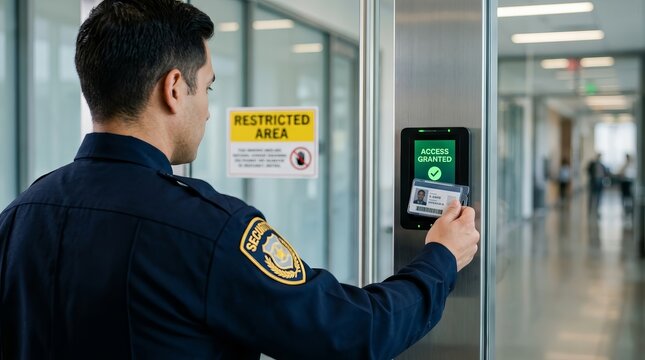 Security badge access system showing access granted for an officer in a restricted area.
