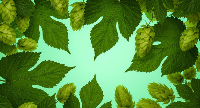 Fresh green hops and leaves form a frame with water droplets. Organic plant details on a pastel background. Brewing ingredient concept, ideal for craft beer marketing and herbal designs.