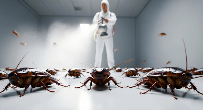 Pest control worker spraying a swarm of cockroaches in a white room. Exterminator in protective hazmat suit using a chemical sprayer to eliminate insects. Professional sanitation service concept.