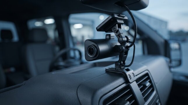 Close-up of a fleet dashcam mounting bracket installed on a vehicle dashboard.