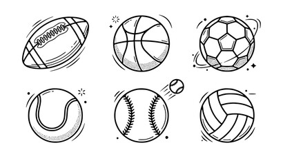 Fototapeta premium Sports balls doodle icons set with soccer, basketball, and rugby.