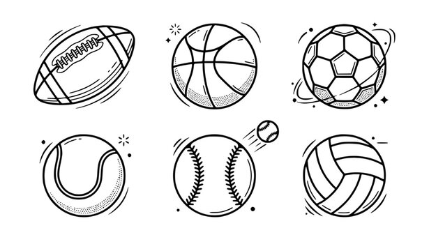 Sports balls doodle icons set with soccer, basketball, and rugby.