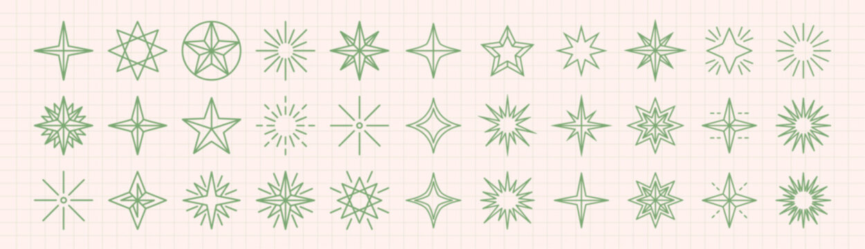 Star shapes stock vector collection, various decorative sparkle icons and geometric celestial elements set on a grid background - stock vector