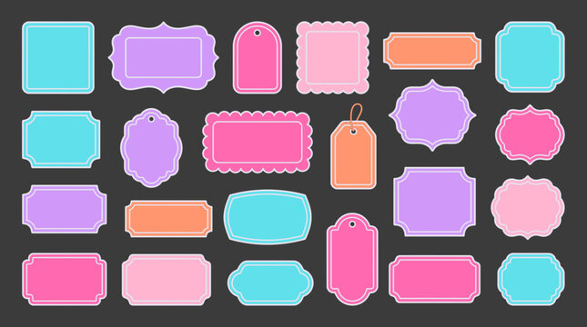 Set of colorful blank decorative labels and vintage frame stickers in various shapes and pastel colors on dark background, representing brand identity and illustrating scrapbook design layout