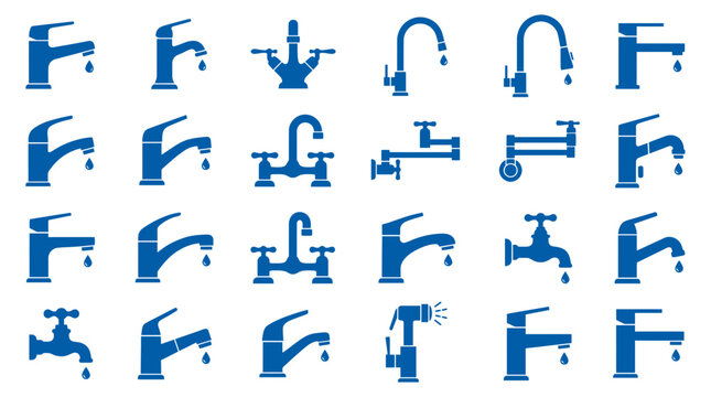 Blue water faucet icons and plumbing tap silhouettes with dripping droplets on white background, providing graphic assets for home improvement and representing plumbing maintenance services