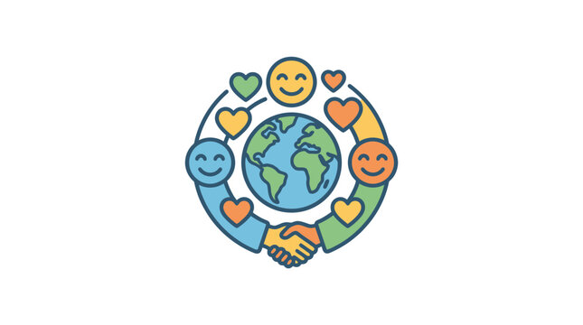 A colorful illustration of a globe surrounded by happy faces and hearts with a handshake.