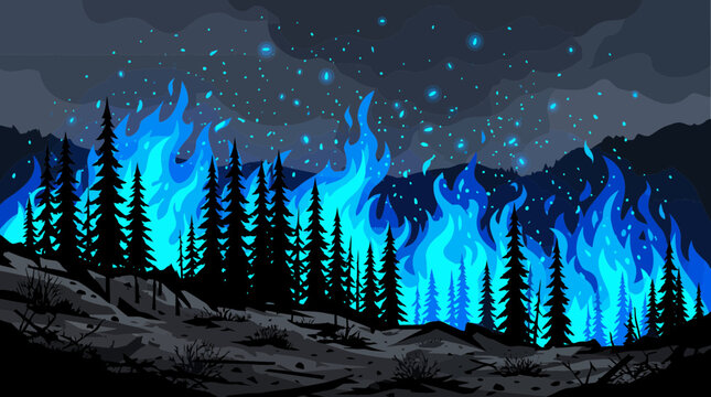 Abstract illustration of blue flames engulfing a silhouette pine forest under a dark night sky with glowing embers, symbolizing ecological climate change crisis and environmental disaster awareness