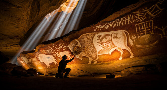Man touching ancient buffalo cave paintings in sunlit cavern. Explorer examining prehistoric rock art under light rays. Anthropology discovery concept for historical and heritage marketing.