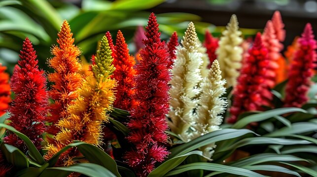 Vibrant Close Up of Tropical Red and White Celosia Flowers in Lush Garden Setting