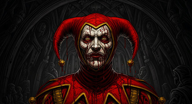 Creepy jester with bloody face and red costume in gothic background. Horrific zombie clown features white makeup and sharp teeth. Dark horror illustration for Halloween and gothic designs.