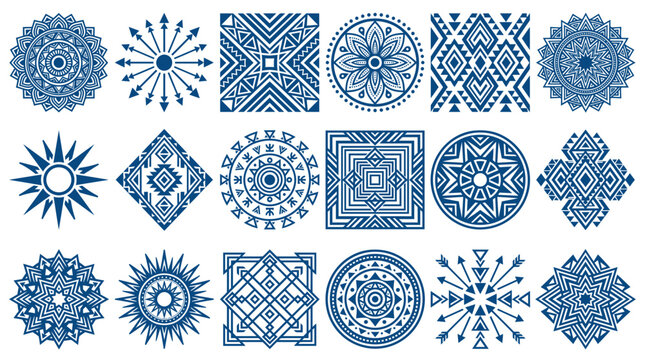 Collection of ethnic geometric patterns with tribal mandala shapes and blue ornamental icons on white background, symbolizing cultural identity branding and illustrating textile decor design