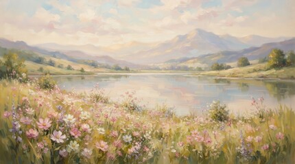 Naklejka premium Vintage Easter spring landscape with blooming flowers by a lakeside.