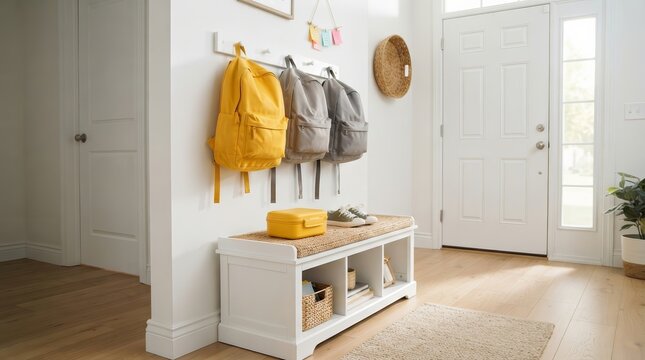 Organized back-to-school backpack station with a lunchbox and sneakers by the front door.