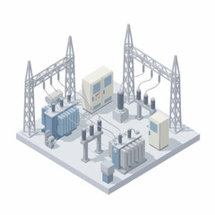 Obraz premium Isometric view of electrical substation with transformers and power lines.