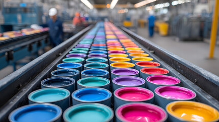 Automated industrial conveyor belt carrying rows of vibrant paint cans in a large manufacturing factory.