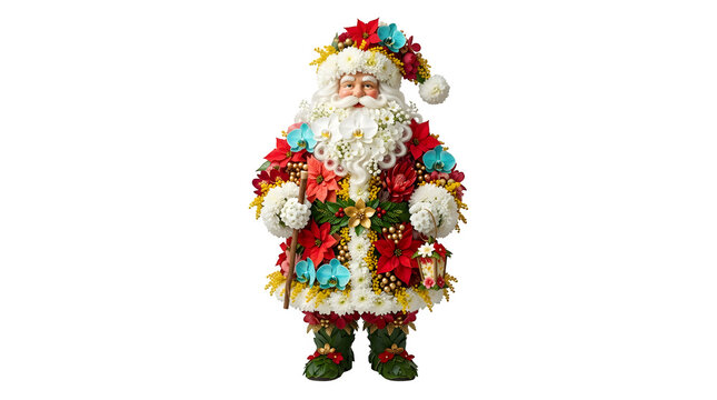 Colorful Santa Claus decorated with Christmas lights and ornaments standing alone.