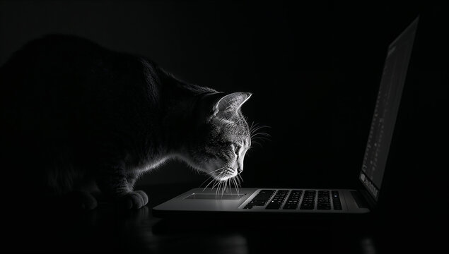 Cat using laptop in darkness focused and illuminated black and white computer technology darkness illuminated studying keyboard silhouette contrast mysterious adorable domestic companion