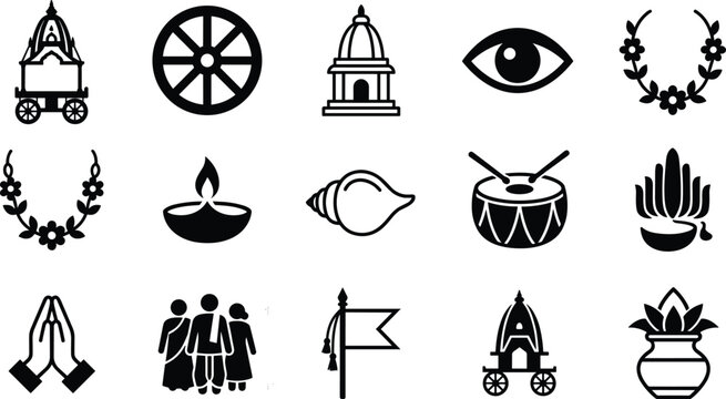 Collection of Hindu Religious and Cultural Festival Icons Set in Simple Flat Black Style Design