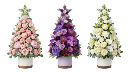 Fototapeta premium Three colorful flower arrangements shaped like christmas trees in pots isolated on transparent background