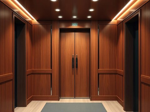 A closed elevator with wooden paneling, lit by soft LED lights, || wood, LED