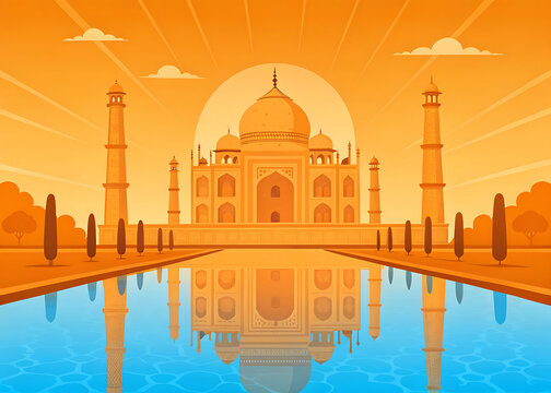 Taj Mahal at sunrise with reflecting pool, modern minimal vector style , golden tones
