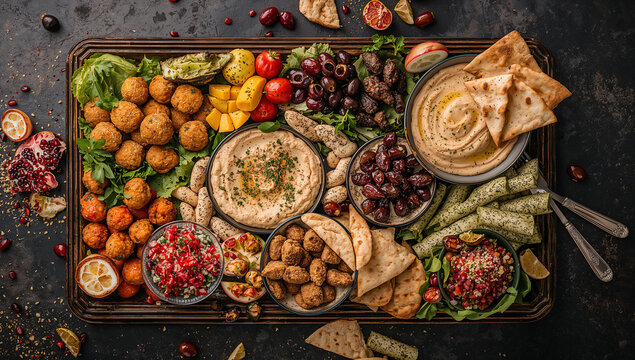 Overhead view of a large mezze platter with dips falafel pita bread food platter middle eastern food lebanese food greek food mediterranean food sharing platter party food spread