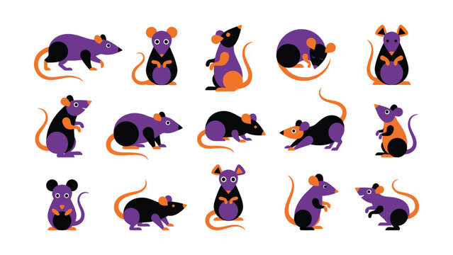 Colorful cartoon mice in various playful sitting and standing poses