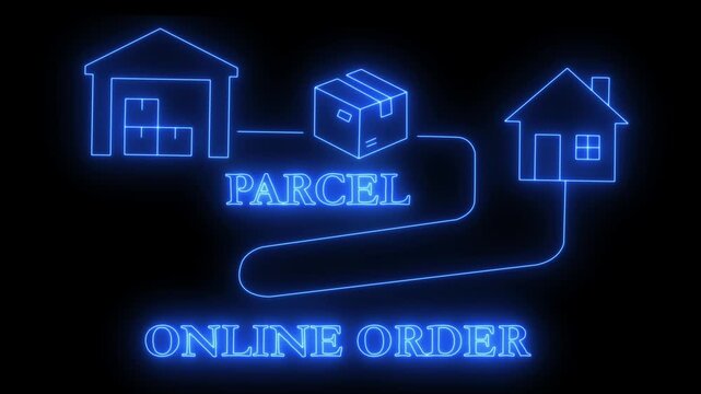 glowing neon online Delivery parcel icon animation. neon Online order parcel process from warehouse to home delivery. Concept of transparent logistics