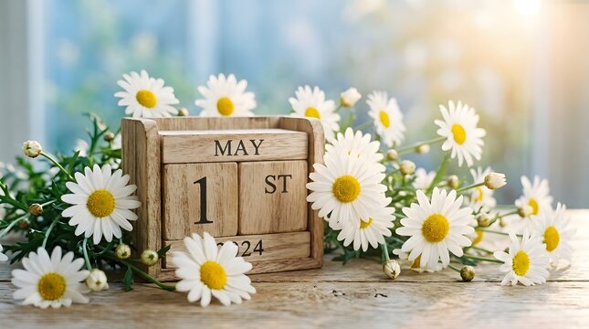 Wooden calendar block showing may 1st 2024 surrounded by daisies