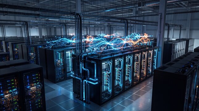 AI data center with glowing cables and servers processing digital workloads, advanced technology infrastructure, futuristic network, high performance computing, innovation
