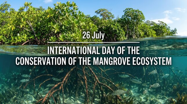 Split level underwater photograph showcasing dense mangrove root system and fish swimming in clear water