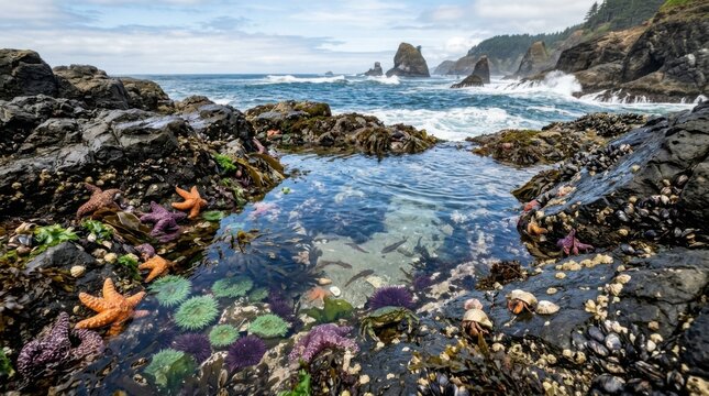 Pristine coastal rock pool teeming with vibrant orange starfish organisms on a rocky shoreline
