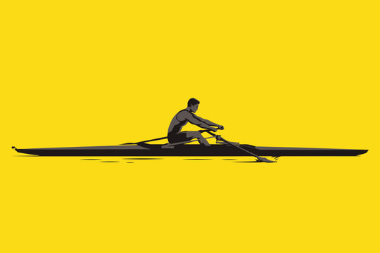 Rowing athlete on yellow background sports fitness boat oar water