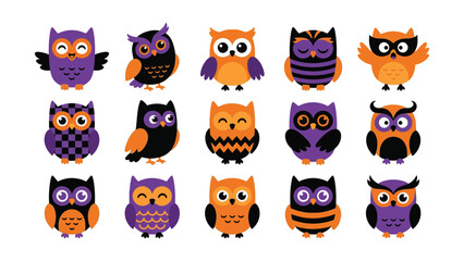 Obraz premium Colorful cartoon owls with various fun accessories and patterns on transparent background