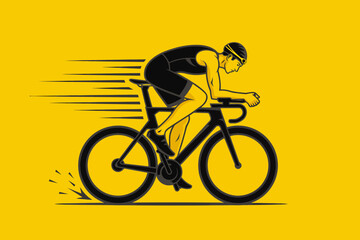 Fototapeta premium Cyclist riding bicycle fast on yellow background bike cycling rider speed motion